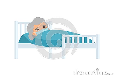 Sick old woman with medical mask in hospital bed flat vector illustration. Cartoon Illustration