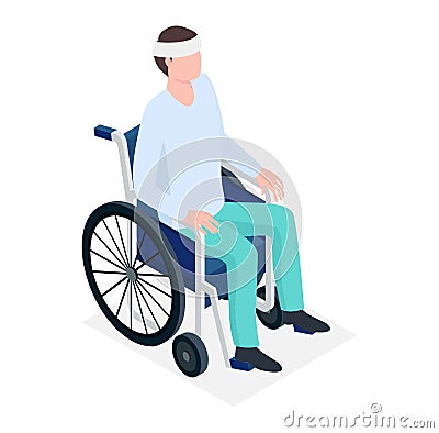 Sick patient character with bandaged head, male sitting invalid carriage outdoor healthy walking isometric 3d vector Vector Illustration