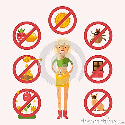 Sick people allergy to external irritants and food, vector illustration. Woman skin rash from food, pollen, insects and Vector Illustration