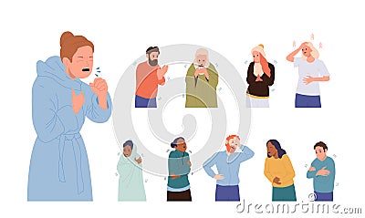 Sick people character having cold, suffer from stomach pain and nausea, fever, dizziness, coldness Vector Illustration