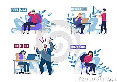 Sick People Feeling Unwell on Workplace Flat Set Vector Illustration