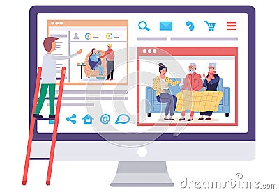 Sick people on computer screen. Man on stepladder looks at monitor with picture of treatment process Vector Illustration