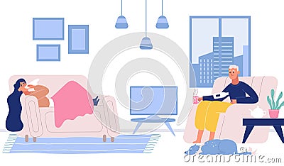 Sick people suffering from flu, cold at home. Woman lying on sofa under blanket, man sitting in armchair drinking hot Vector Illustration