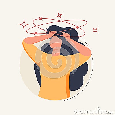 Sick person suffering from vertigo, feeling confused, dizzy and head ache. Flat vector illustration for stress, sickness Vector Illustration