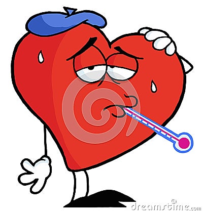 Sick red heart with a thermometer in his mouth Vector Illustration