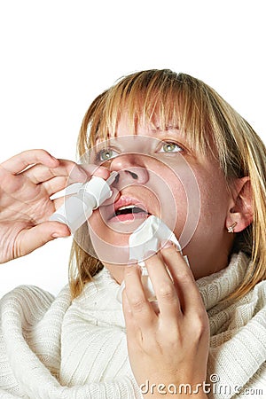 Sick with a rhinitis woman dripping nose medicine isolated Stock Photo