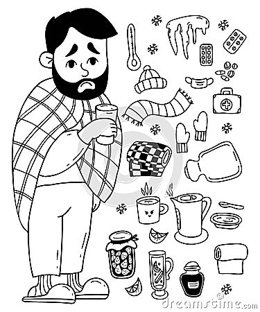 Sick sad bearded man wrapped in blanket with cup. collection of treatment items pills, scarf, hat, gloves, jam, kettle Vector Illustration