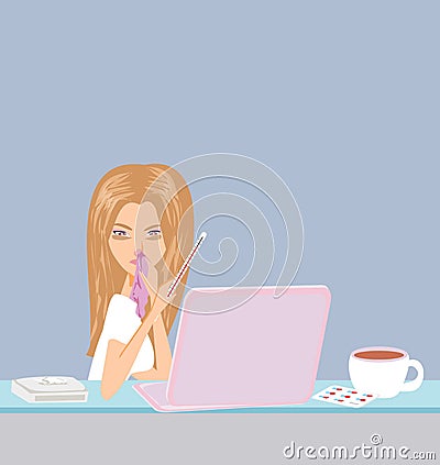 Sick secretary working at the laptop Vector Illustration