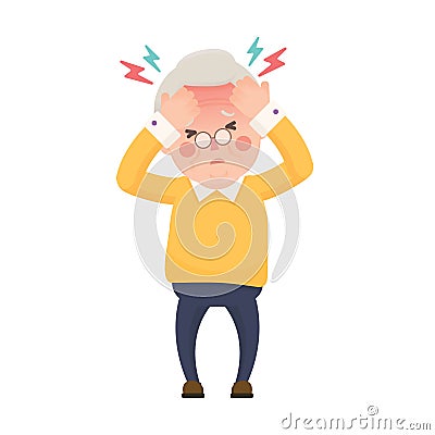 Sick Senior Man Having Headache and High Temperature Vector Illustration