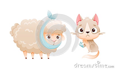 Sick Sheep and Cat Animal with Bandage on Paw and Head Vector Set Vector Illustration