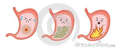 Sick stomach characters. Stomach pain, gastritis, indigestion, vomiting, heartburn problems. Vector Illustration