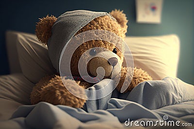 A sick teddy bear lies in a bed. Ai generative Stock Photo
