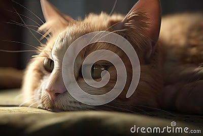Sick tired tabby cat lies, close-up. AI generated. Stock Photo