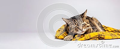A sick tired tabby cat lies sleeping on a yellow plaid, close-up. AI generated. Stock Photo