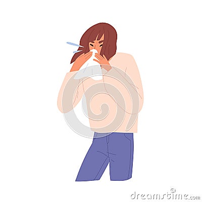 Sick unhealthy allergic sneezing woman. Female character blowing nose into handkerchief. Symptom of cold, coronavirus Vector Illustration