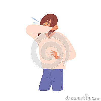 Sick unhealthy woman sneezing. Female character has allergy, cold, coronavirus, grippe, infection. Respiratory viral Vector Illustration
