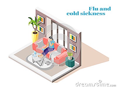 Flu Cold Sickness Isometric Composition Vector Illustration
