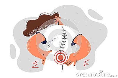 Sick woman has lower back pain and puts hand on red back after lifting heavy load Vector Illustration