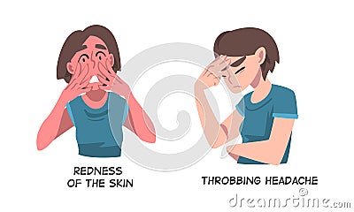 Sick Woman Having Skin Redness and Throbbing Headache as Symptom of Heart Stroke Vector Set Vector Illustration