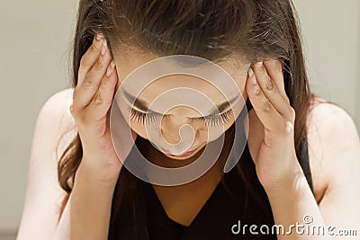 Sick woman with headache, migraine, stress Stock Photo