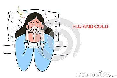 Sick woman lying in bed with flu and cold under the blanket, allergy seasonal infections, hand drawn style vector illustration Vector Illustration