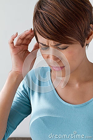 Sick woman with pain, headache, migraine, stress, insomnia Stock Photo