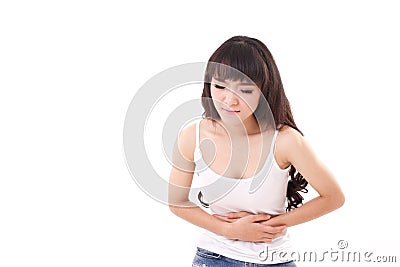 Sick woman patient with stomach ache, belly pain, sickness Stock Photo