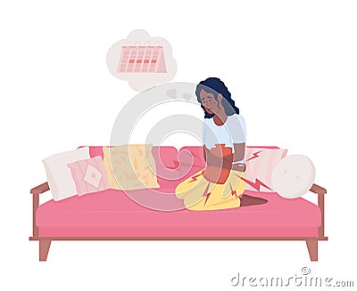 Sick woman relieving period cramps with heating pad semi flat color vector character Vector Illustration