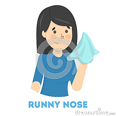 Sick woman with runny nose a symptom of flu Vector Illustration
