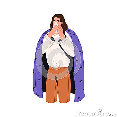 Sick woman sneezing with tissue, covering with hankerchief, hanky. Ill person suffering from running nose, snot. Flu Vector Illustration