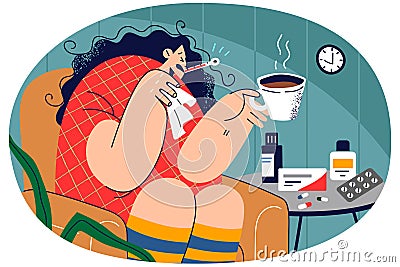 Sick woman suffer from cold at home Vector Illustration