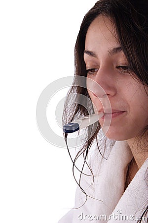 Sick Woman with Thermometer Stock Photo