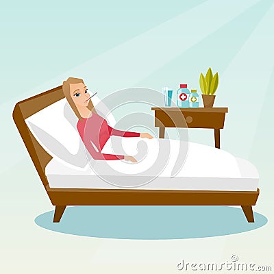 Sick woman with thermometer laying in bed. Vector Illustration