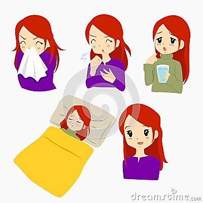 Woman Having Flu Sickness Cartoon Vector Set Vector Illustration