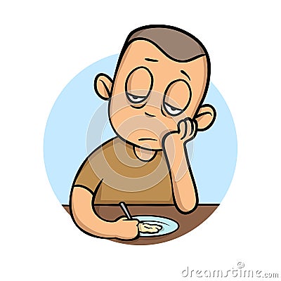 Sick young man with no appetite in front of the meal. Flat vector illustration. Isolated on white background. Vector Illustration