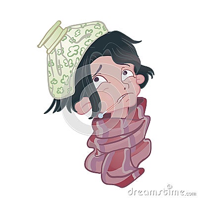 Sick young man with thermometer in mouth and ice pack on his head. Vector Illustration