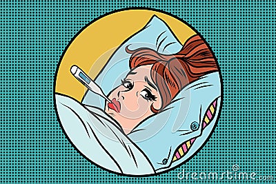 Sick young woman lying in bed with thermometer Vector Illustration