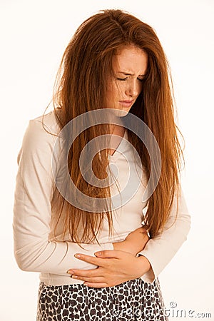 Sickness stomach ache pain period, woman suffering isolated over Stock Photo