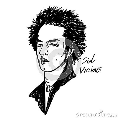 Sid vicious vector cartoon illustration black and white drawing Vector Illustration