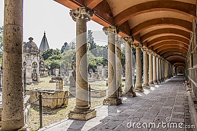 Side aisle and large and small tombs of the cemetery of Belen in Mexico Stock Photo