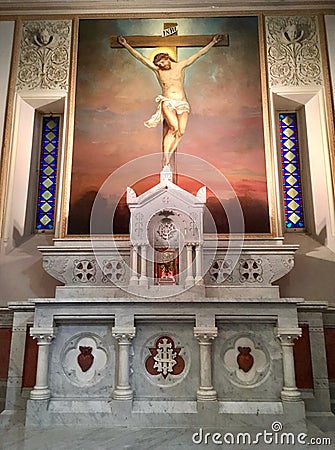 Crucifixion Painting Over the Side Altar Editorial Stock Photo