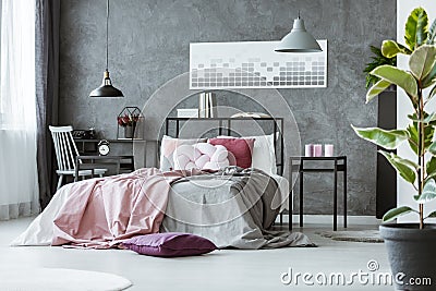 Side angle of gray bedroom Stock Photo