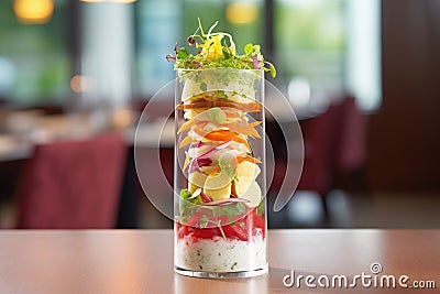 side angle, layered beet salad in tall glass, fine dining style Stock Photo