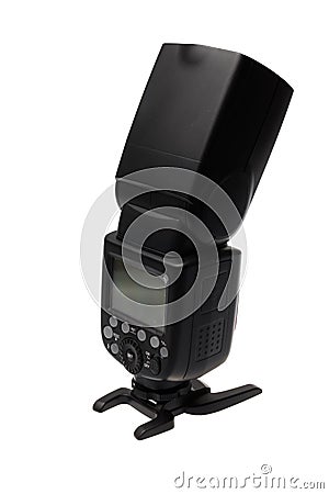 Side back view of a DSLR camera speedlite flash on its stand, isolated on white background Stock Photo