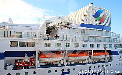 Side of Brittany Ferries ferry boat showing life boats and funnel Editorial Stock Photo