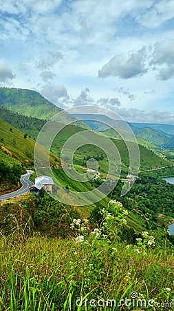 Side of Bukit Holbung with lake toba& x27;s view as priority destination in Indonesian. Stock Photo