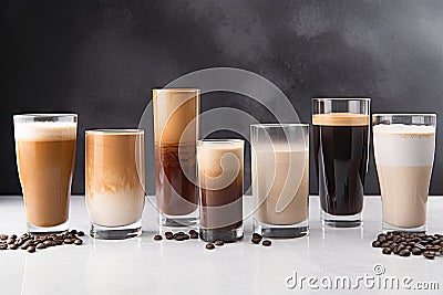 side-by-side comparison of different types of coffees, each with its own unique design Stock Photo