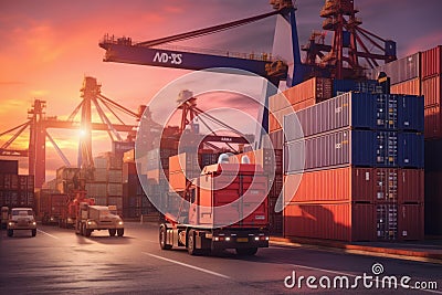 Side loader handling cargo container and loading to truck in import export logistic zone. Generative AI Stock Photo