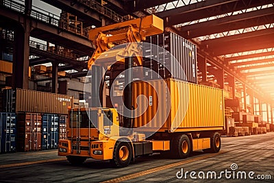 Side loader handling cargo container and loading to truck in import export logistic zone. Generative AI Stock Photo