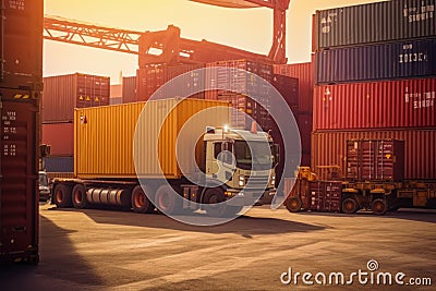 Side loader handling cargo container and loading to truck in import export logistic zone. Generative AI Stock Photo